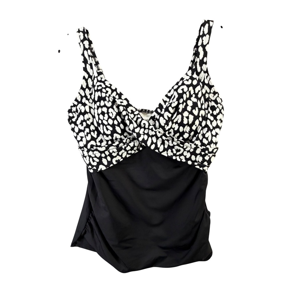 Lands End Wrap Underwire Tankini‎ Top 12 Black White Leopard Ruched UPF 50 Chic